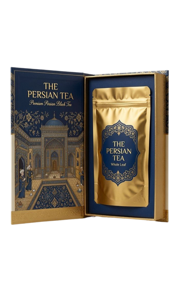 The Persian Tea — Black Gold open box with gold pouch