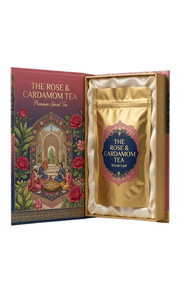 The Persian Tea — Cardamom and Rose open box with gold pouch